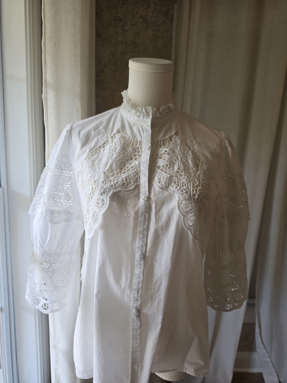 Maje White Embroidered Cutwork Lace Puff Sleeve Cotton Blouse Size 2 M